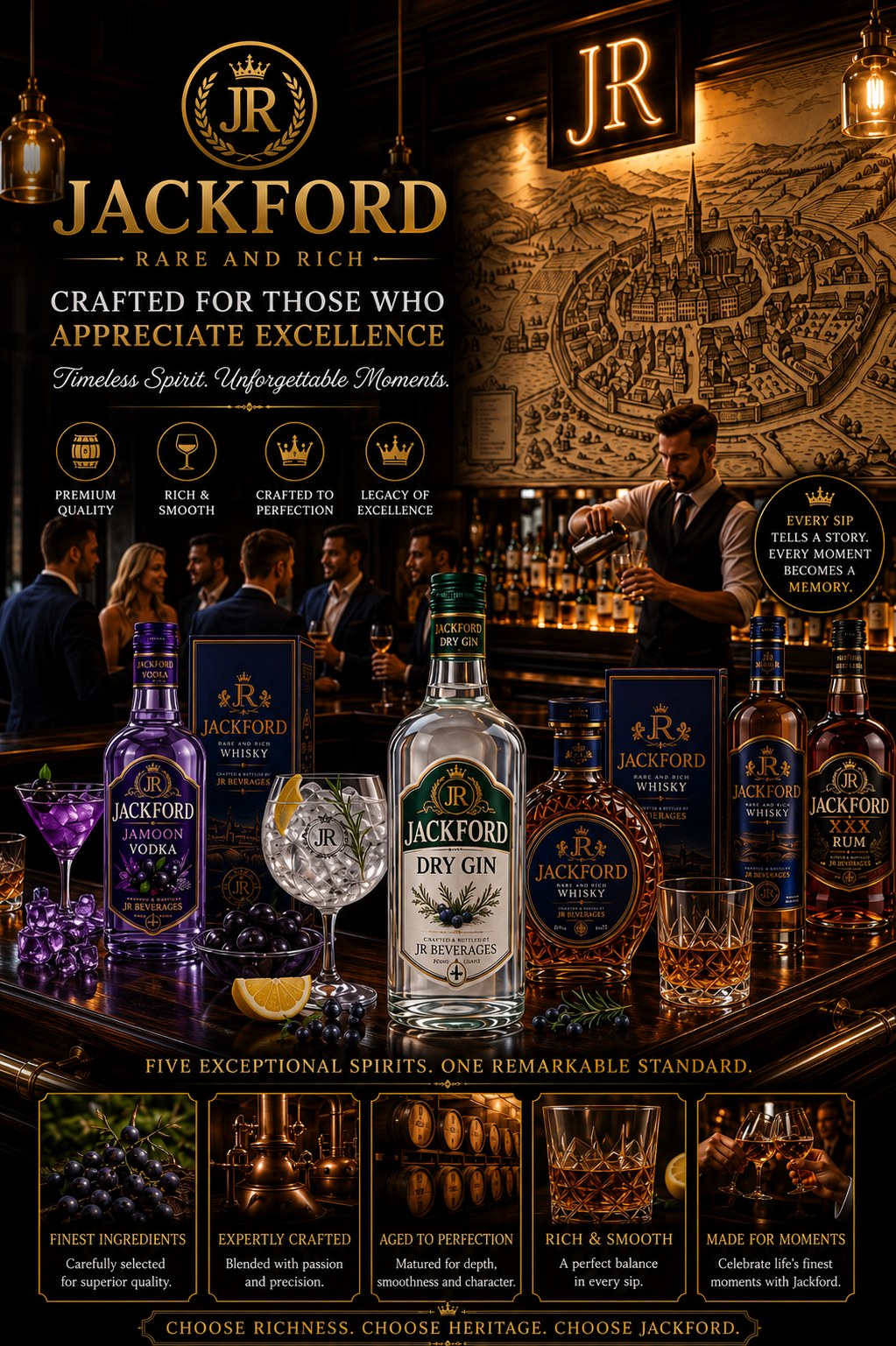 The Jackford spirits collection on a bar counter